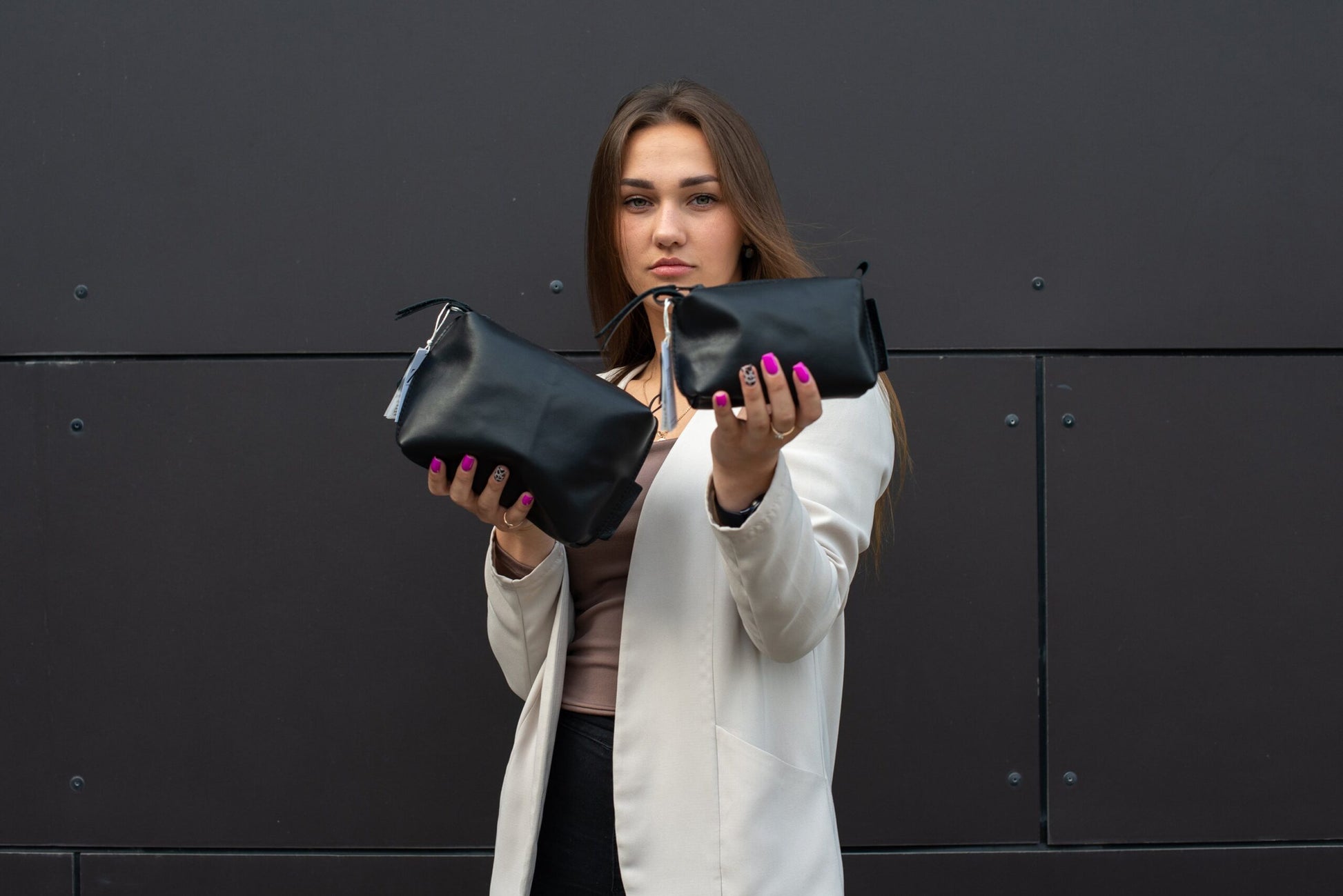 Leather Cosmetic Bag, Black - Medium