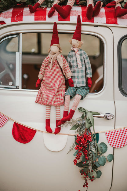 Rød Ternet Jule Fløjls Guirlande med Halvmåner