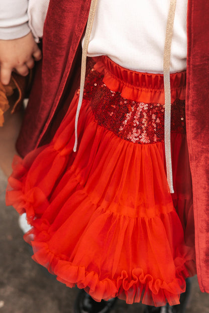 Rød Tyl Nederdel med Flæser og Pailletter - Eventyr Kostume til Halloween og Særlige Lejligheder