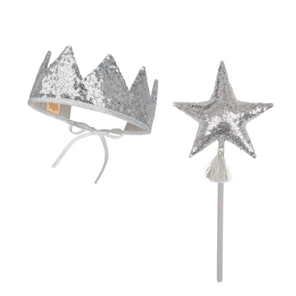 Sølv Pailletter Eventyrkrone og Tryllestav Magisk Sæt