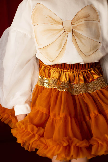 Guld Tyl Nederdel med Flæser og Pailletter - Fortryllende Kostume til Halloween og Særlige Lejligheder